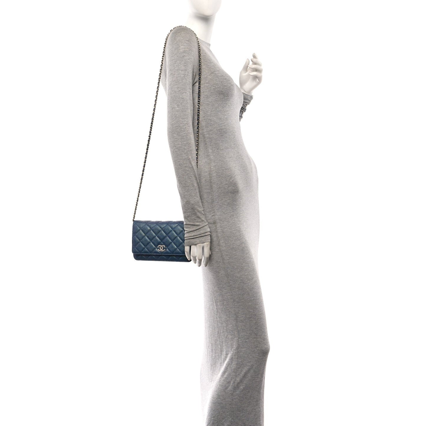 Iridescent Caviar Quilted Wallet on Chain WOC Dark Blue