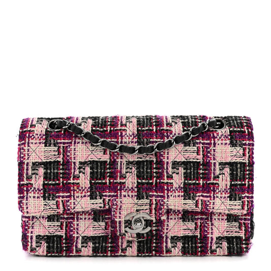 Tweed Quilted Medium Double Flap Pink Black