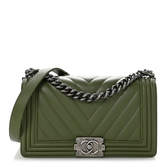 Calfskin Chevron Quilted Medium Boy Flap Dark Green