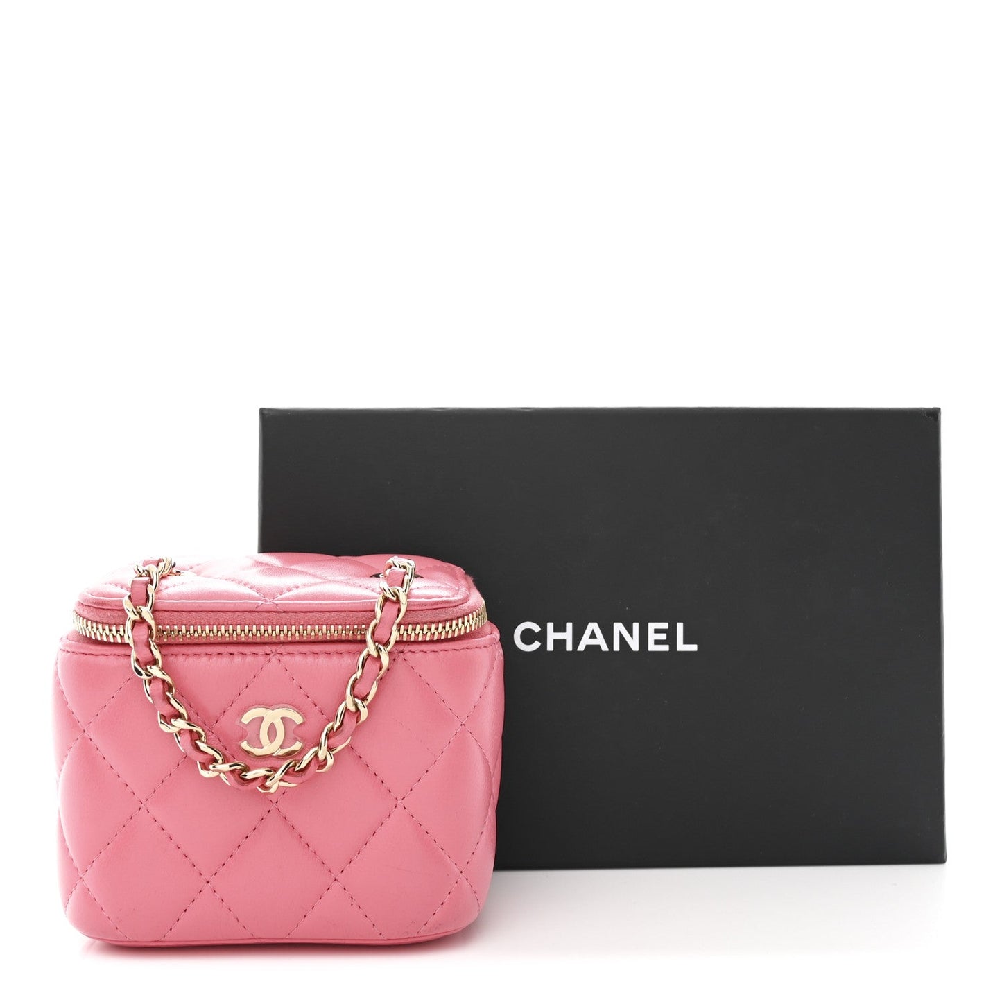 Lambskin Quilted Pearl Crush Mini Vanity Case With Chain Dark Pink