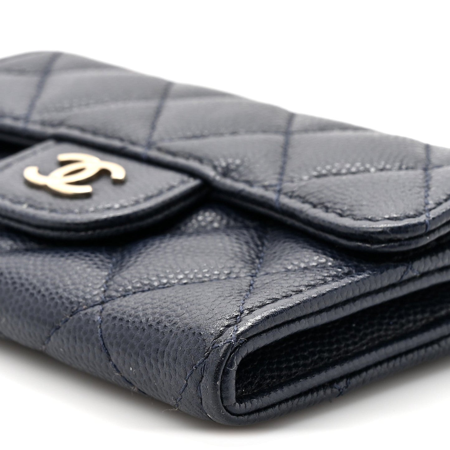 Caviar Quilted Flap Card Holder Wallet Navy Blue