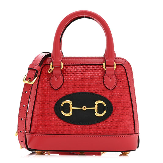 Straw Azalea Calfskin Woven Mini Horsebit 1955 Top Handle Bag Coral Wave Black