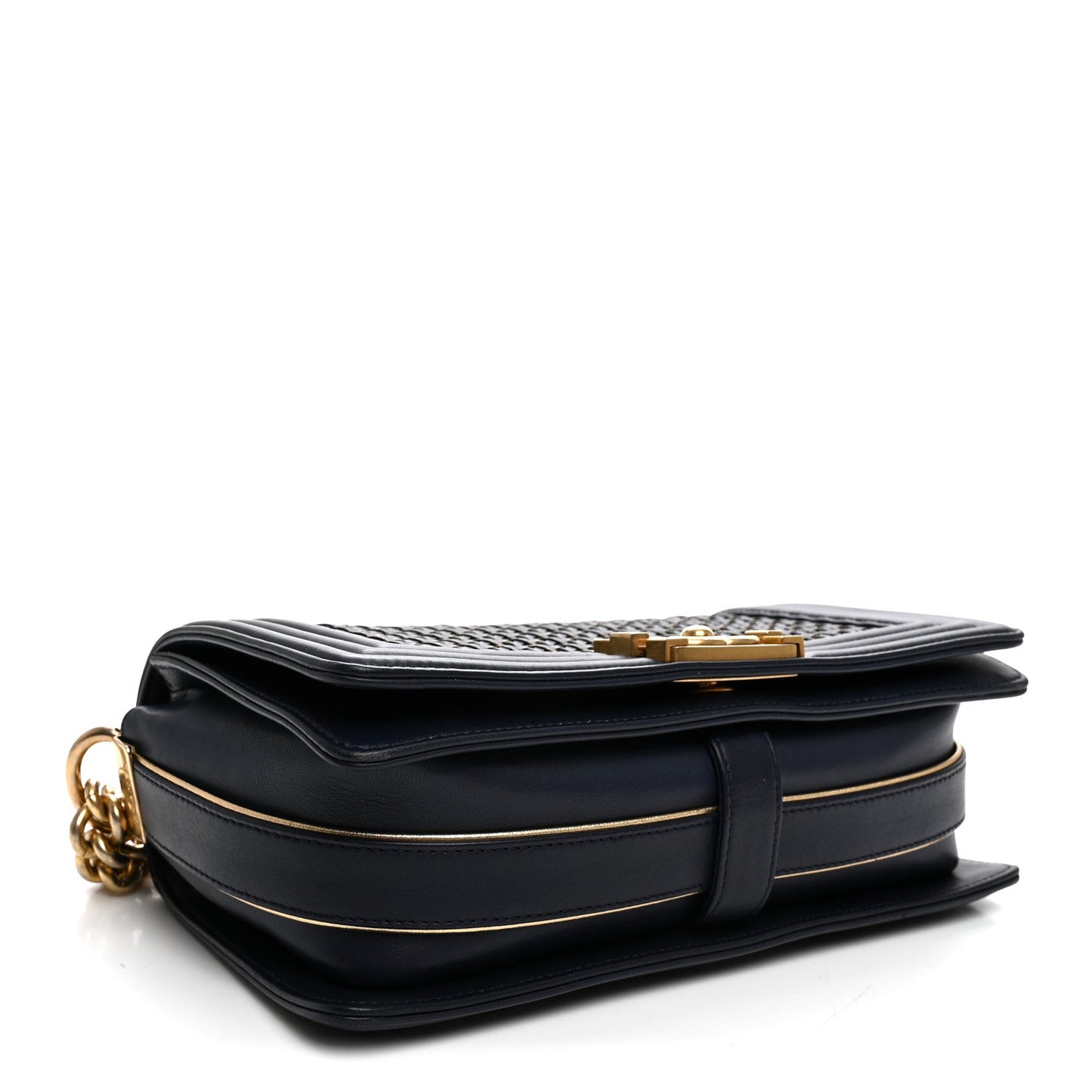 Lambskin Braided Woven Medium Boy Flap  Navy