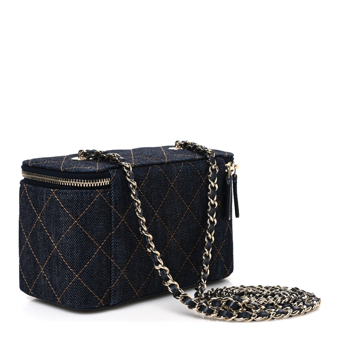 Denim Quilted Small Vanity Case With Chain Dark Blue Orange