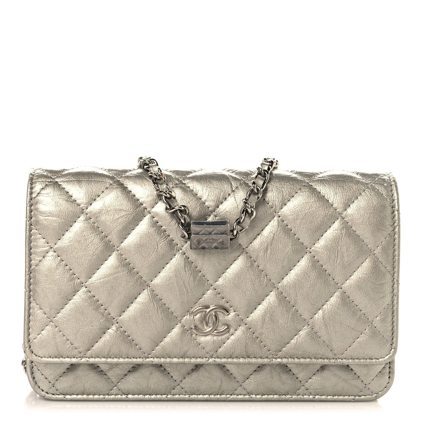 Metallic Crumpled Calfskin Quilted Flap Charm Wallet On Chain WOC Silver