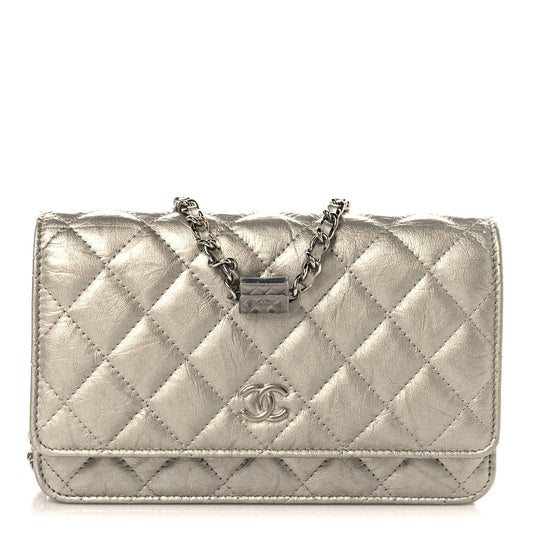 Metallic Crumpled Calfskin Quilted Flap Charm Wallet On Chain WOC Silver