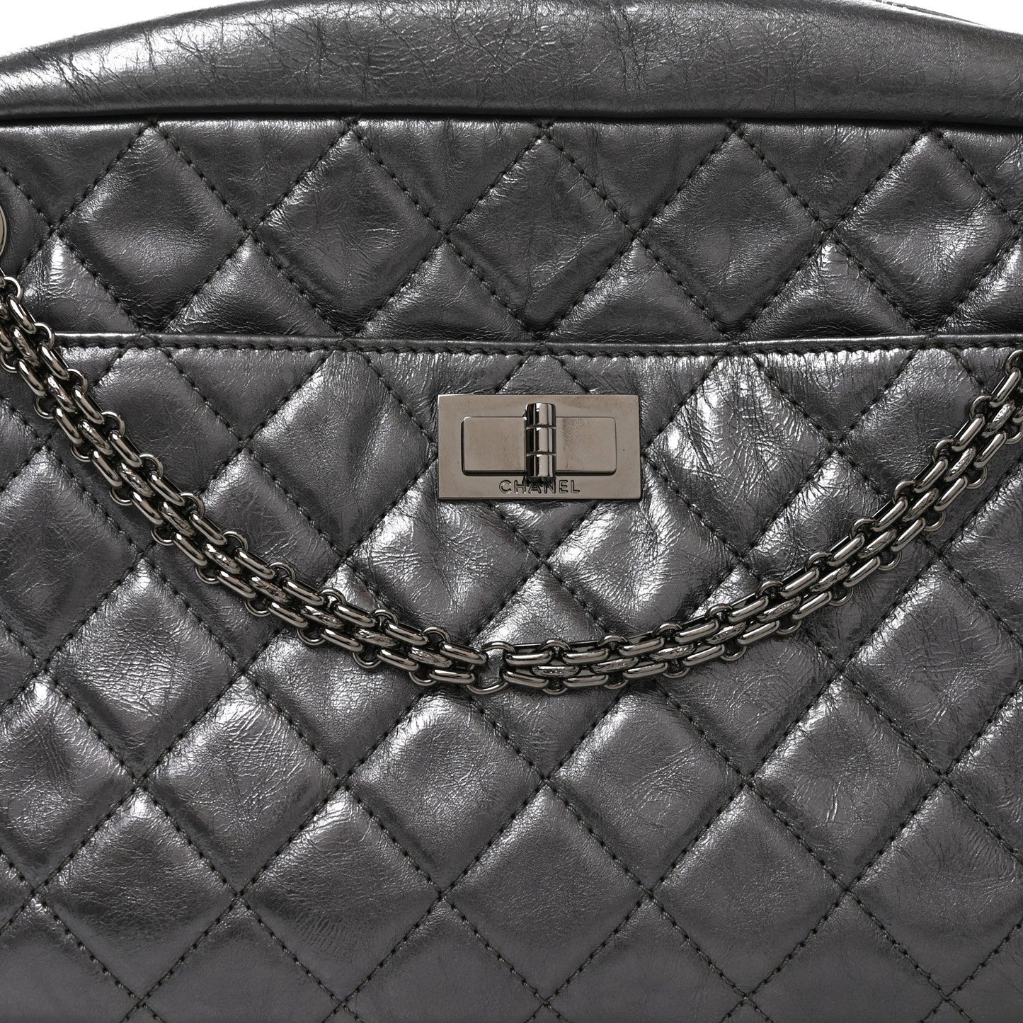 Metallic Aged Calfskin Quilted Medium Reissue Camera Case Dark Silver
