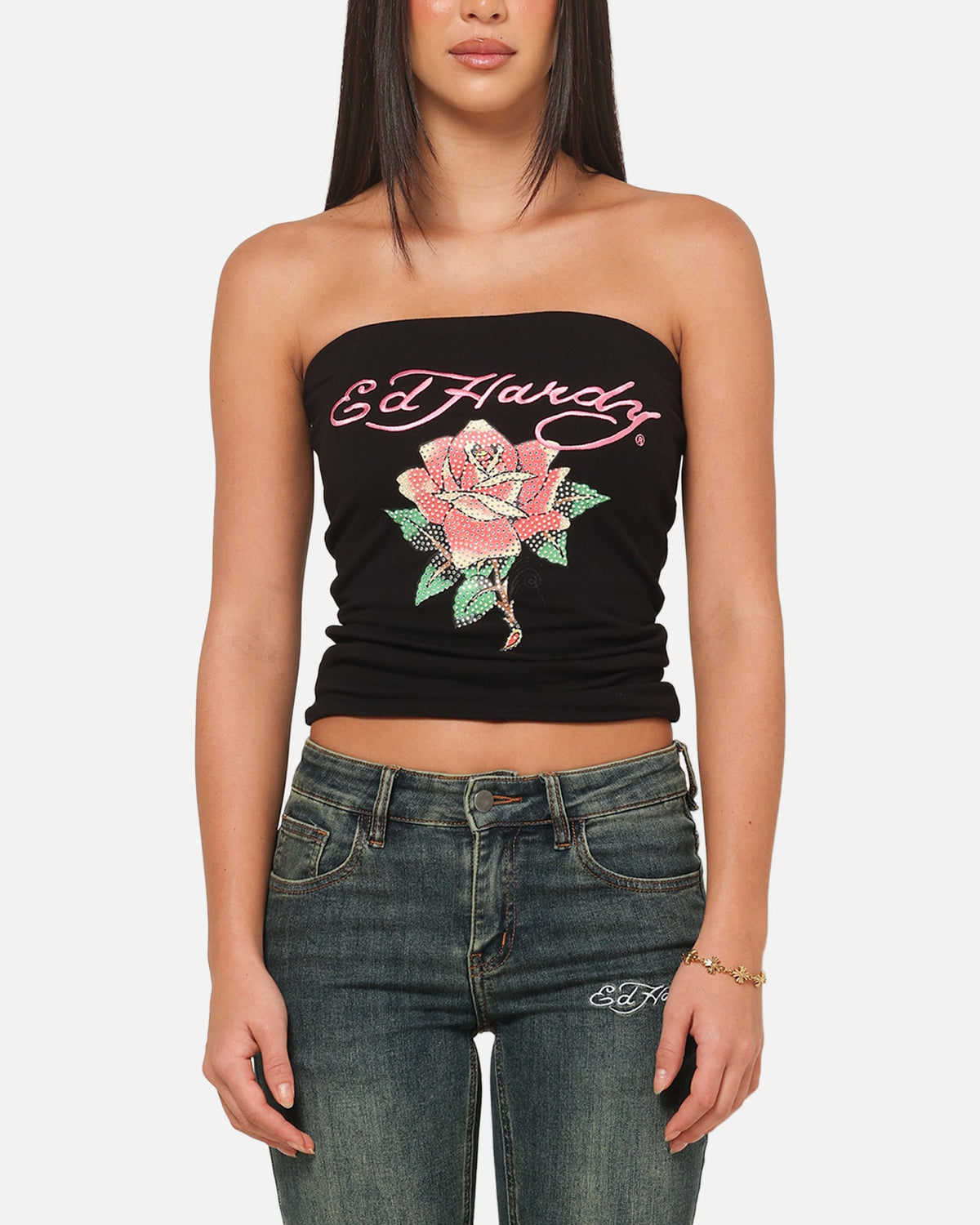 Ed Hardy Women's Rhinestone Rose Boob Tube Black