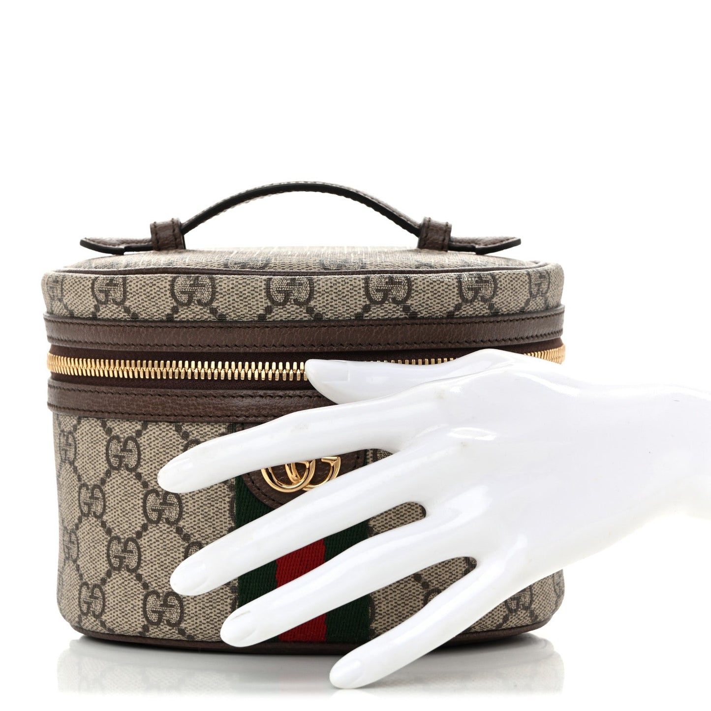 GG Supreme Monogram Textured Calfskin Web Ophidia Vanity Cosmetic Case Beige Ebony New Acero