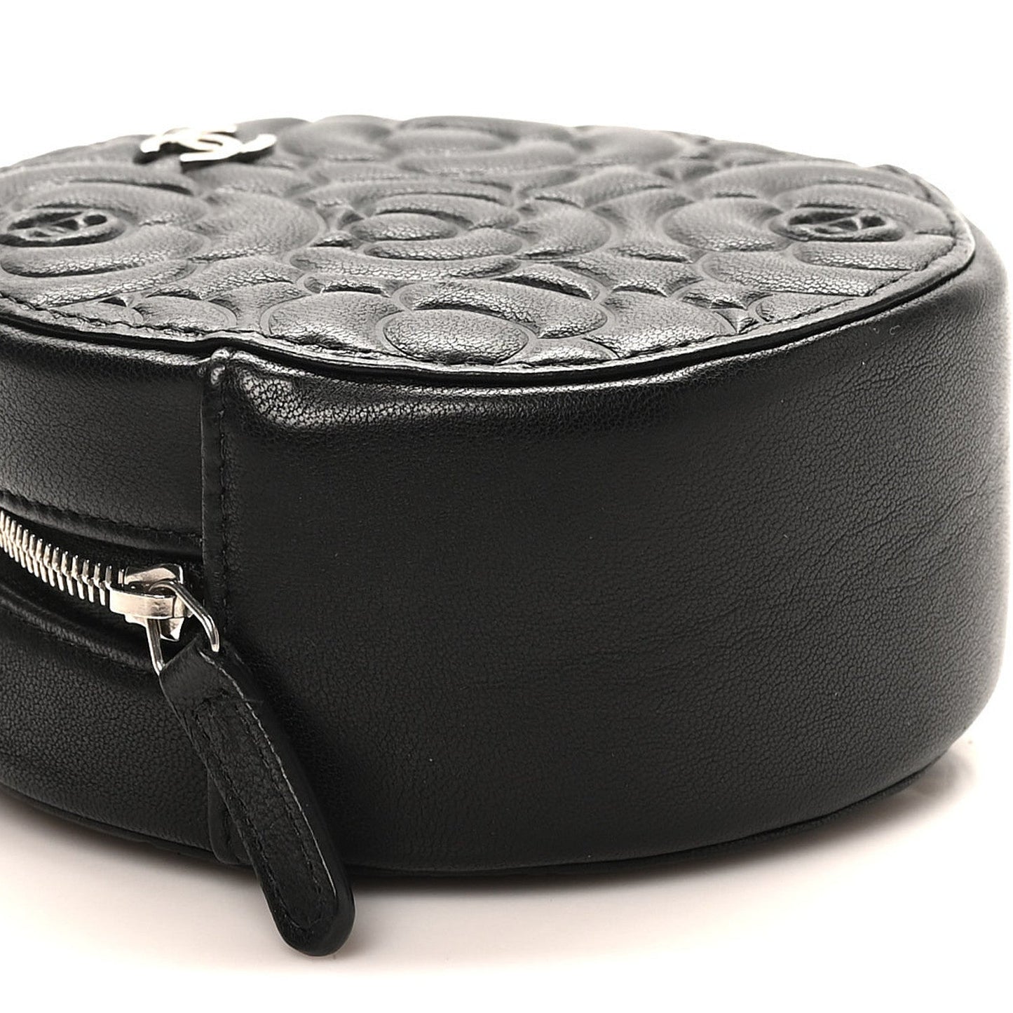 Goatskin Camellia Quilted Round Clutch With Chain Black