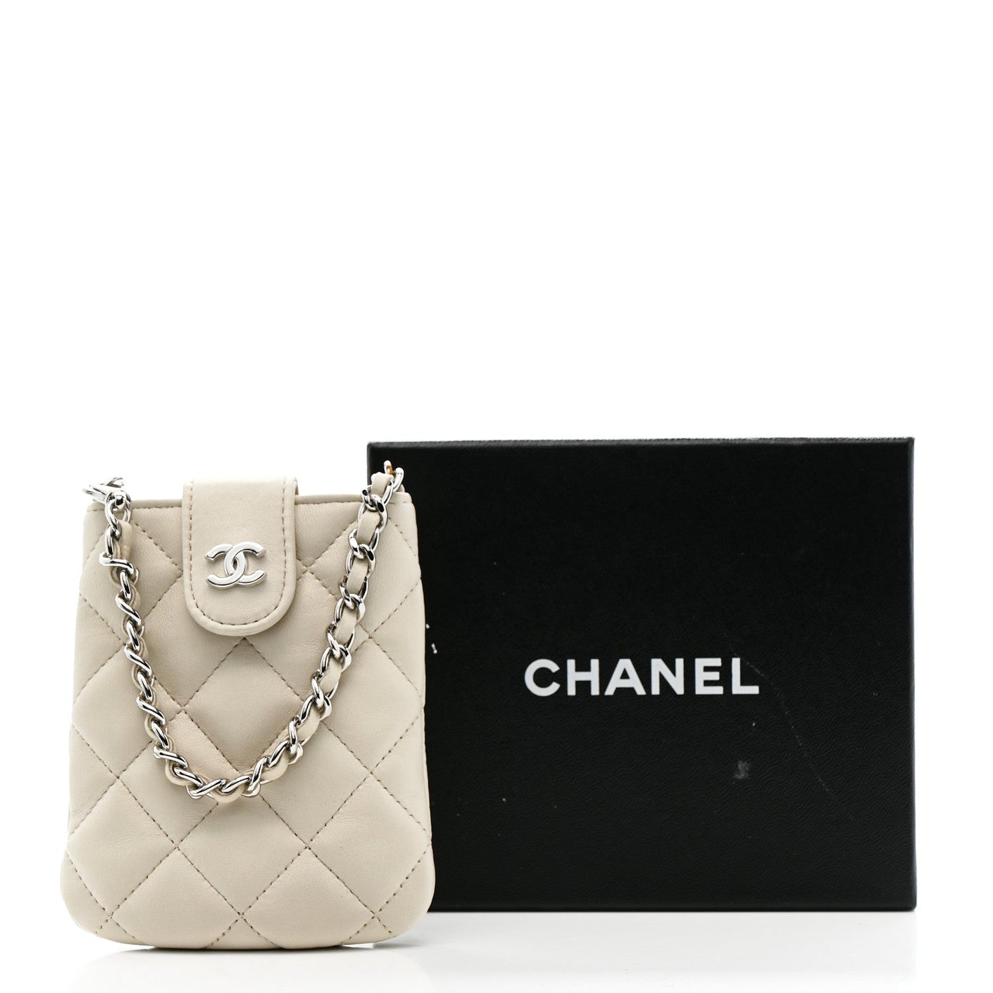 Lambskin Quilted Phone Holder On Chain White