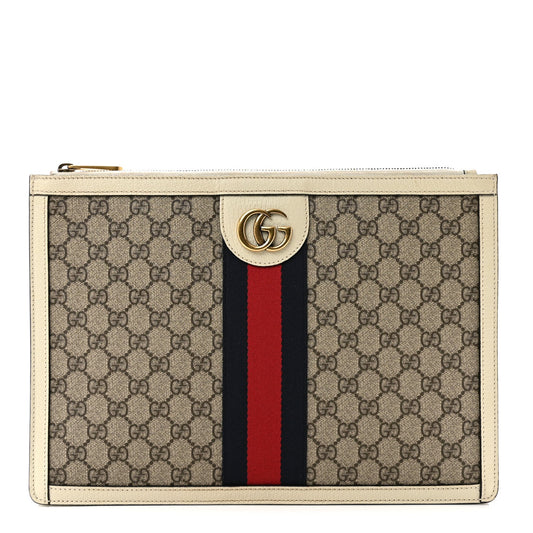 GG Supreme Monogram Web Ophidia Portfolio Pouch Beige Ebony Mystic White