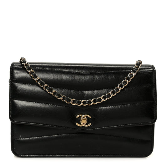 Lambskin Chevron Quilted Wallet On Chain WOC Black
