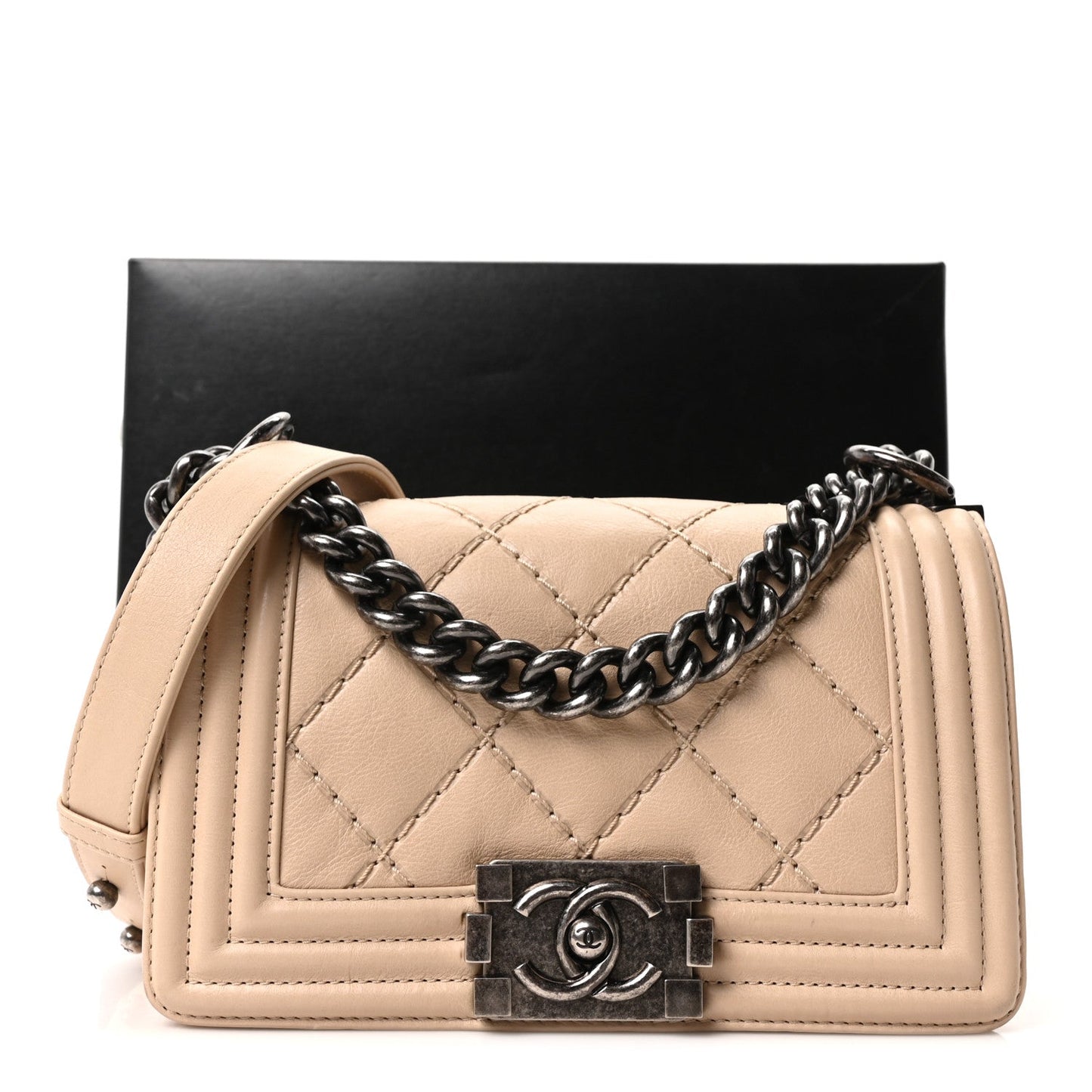 Calfskin Double Stitch Small Boy Flap Beige
