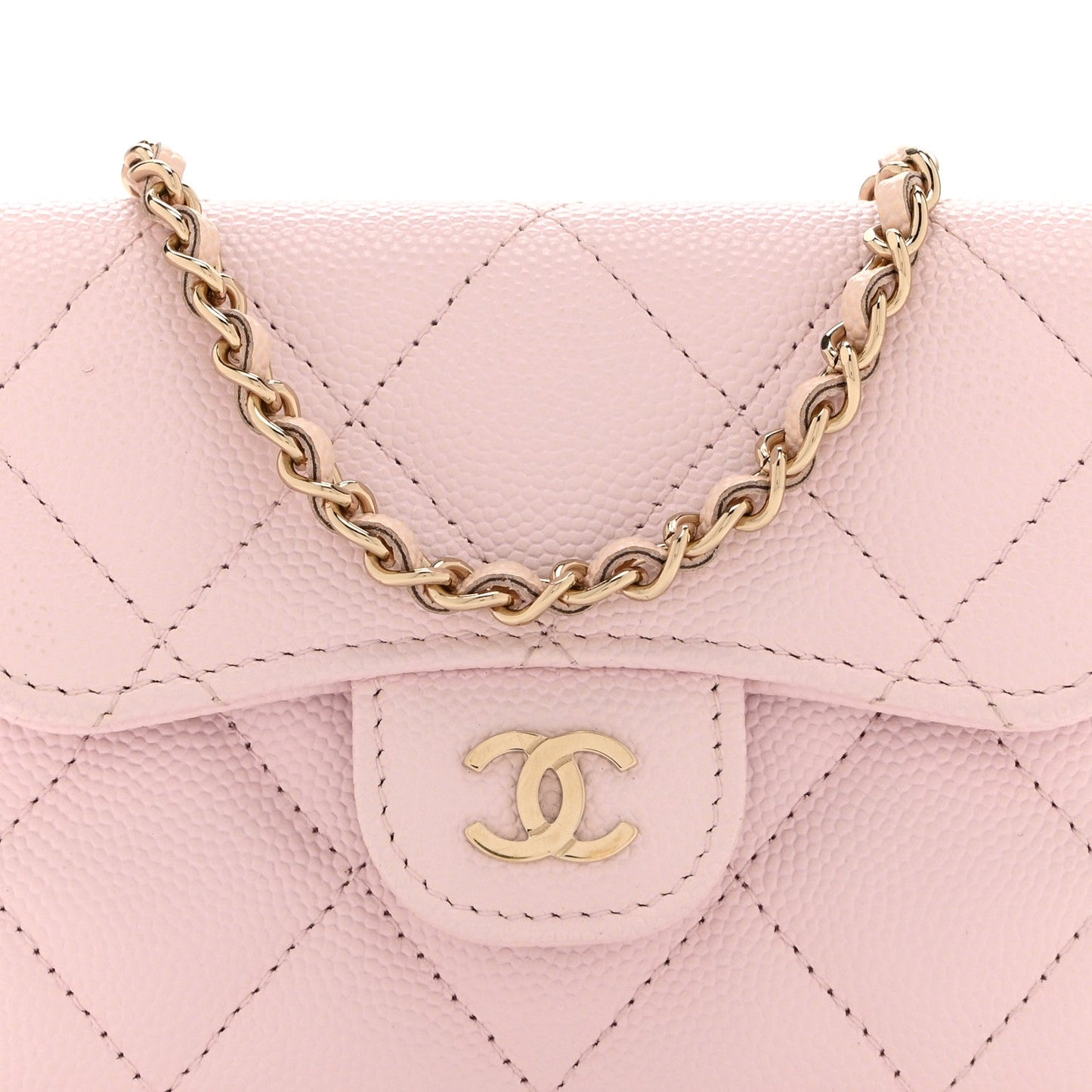 Caviar Quilted Flap Card Holder On Chain Pink