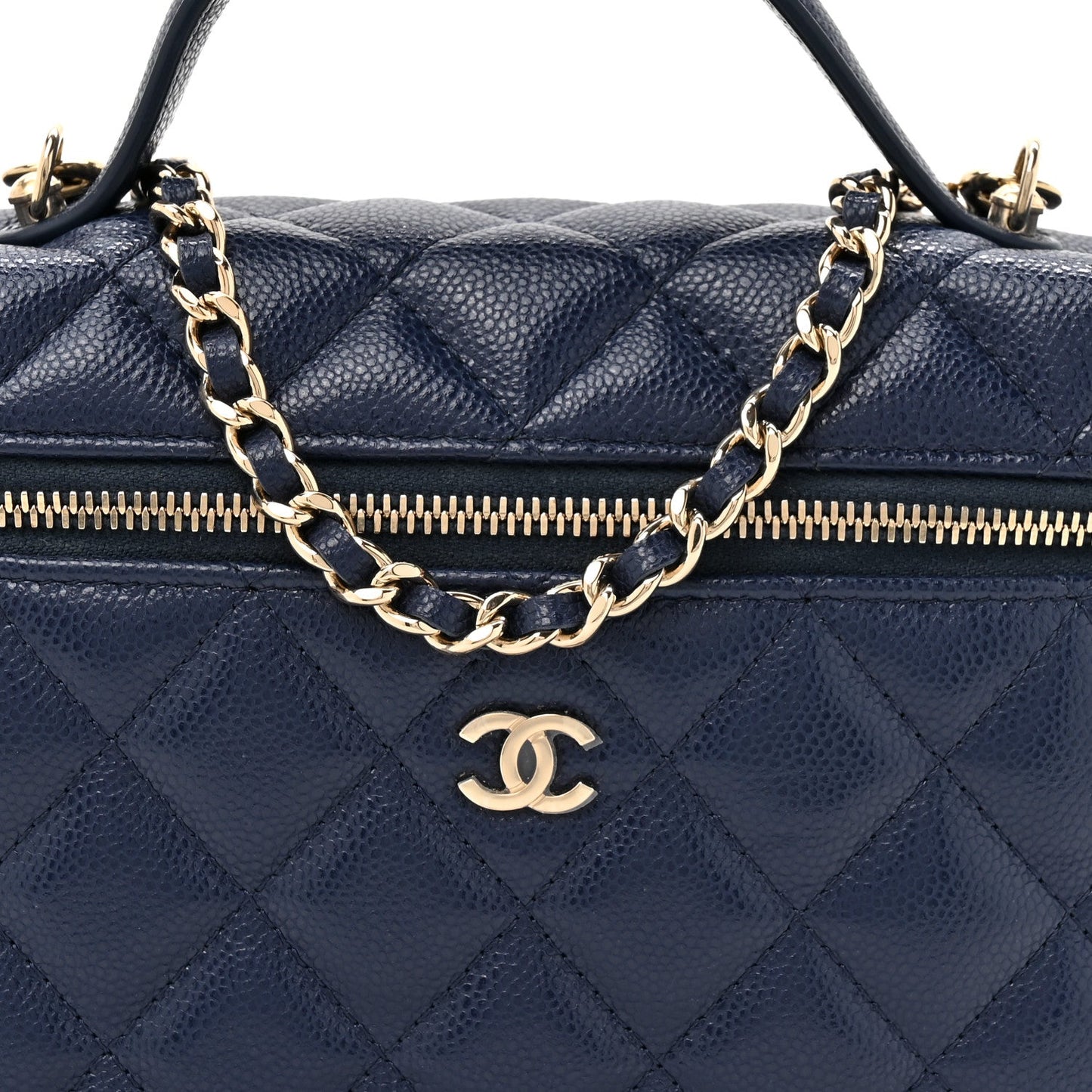 Caviar Quilted Top Handle Slim Vanity With Chain Navy