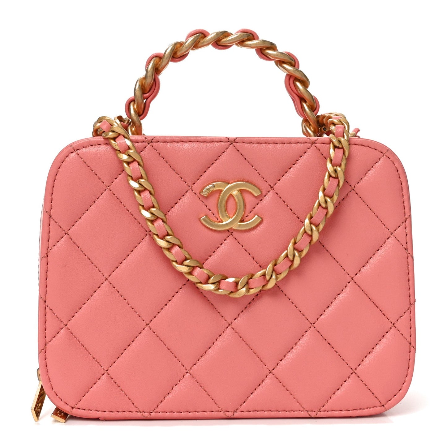 Lambskin Quilted Top Handle Small Vanity Case Pink