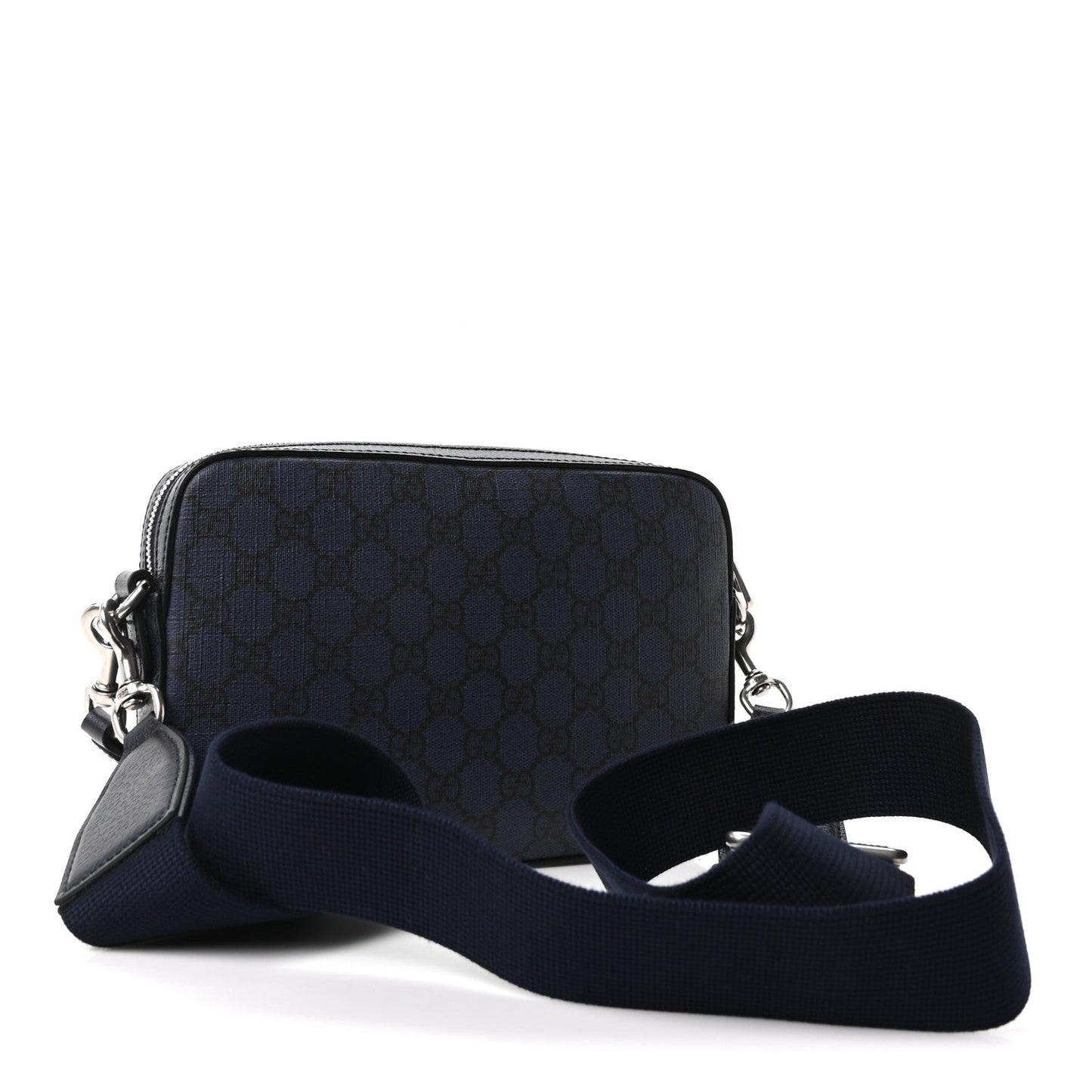 GG Supreme Monogram Textured Dollar Calfskin Web Ophidia Wristlet Shoulder Bag Black Blue