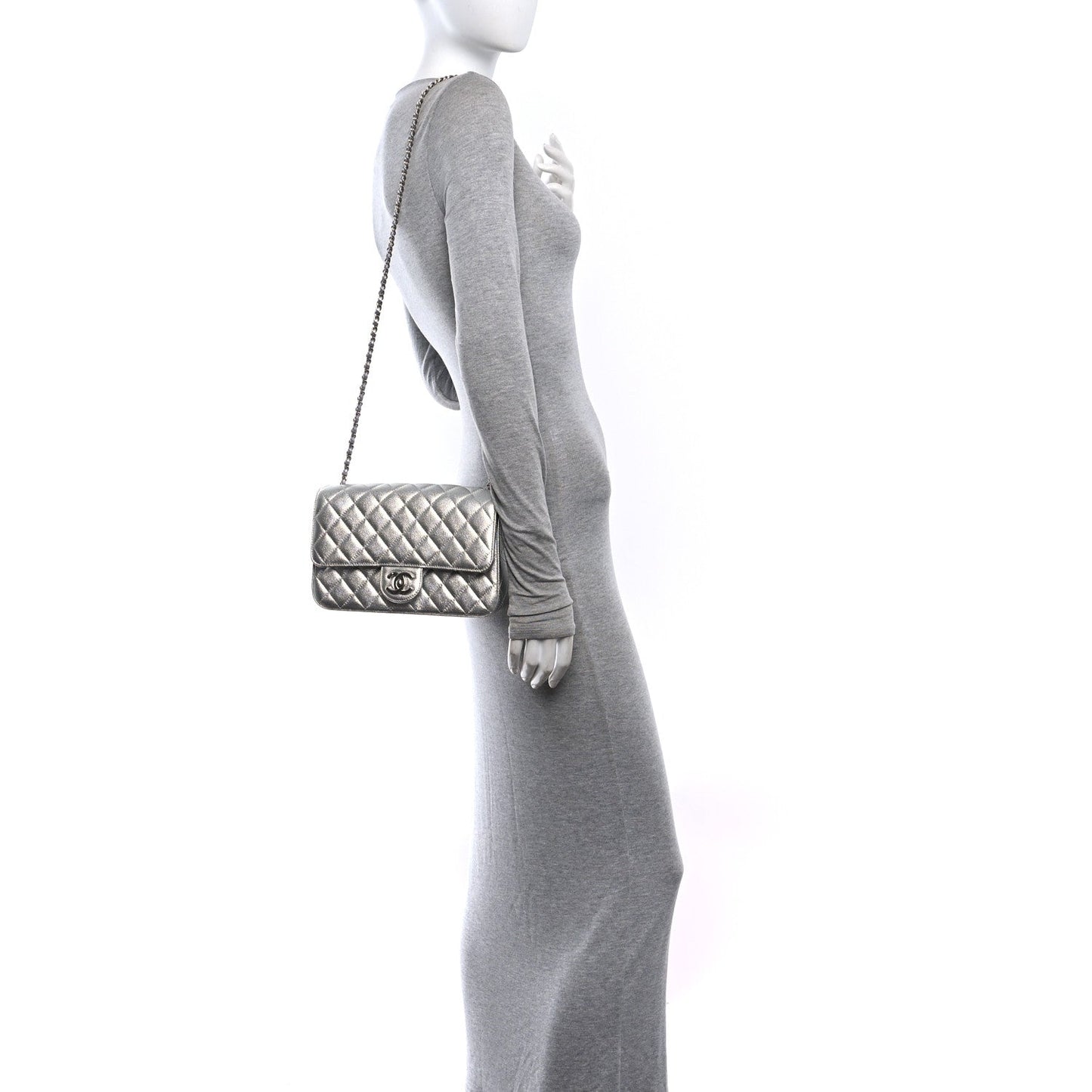 Metallic Caviar Quilted Medium CC Slide Flap Silver Silver