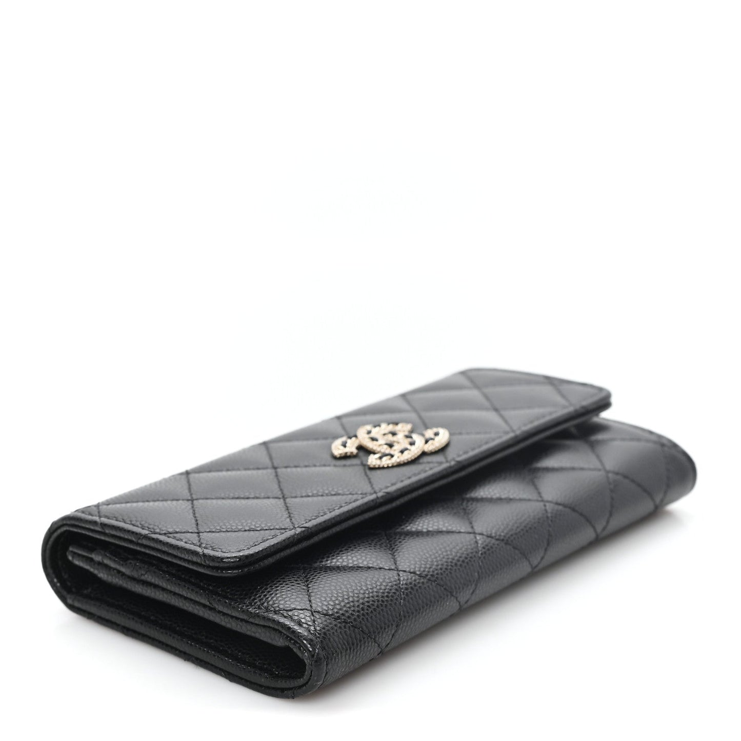 Caviar Quilted Crystal CC Large Gusset Flap Wallet Black