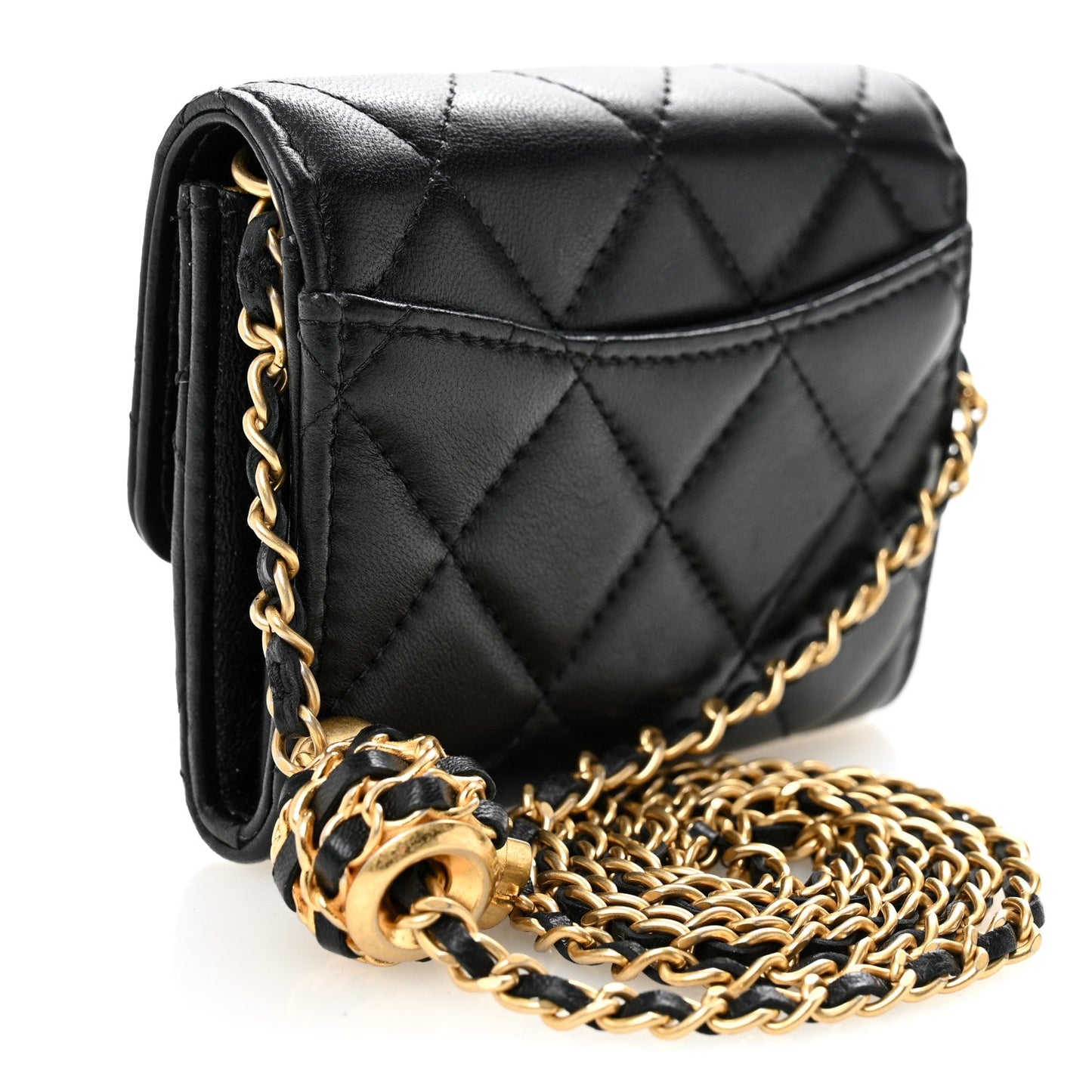 Lambskin Quilted Pearl Crush Card Holder With Chain Black