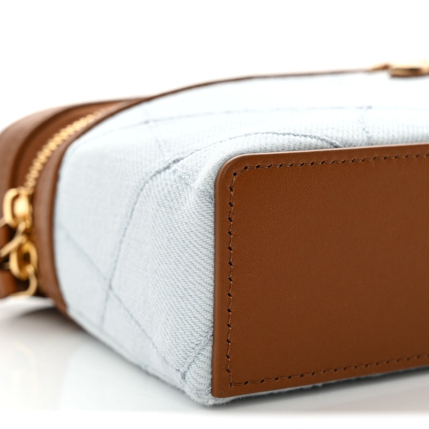 Washed Denim Calfskin Quilted Top Handle Slim Vanity Case With Chain Blue Brown