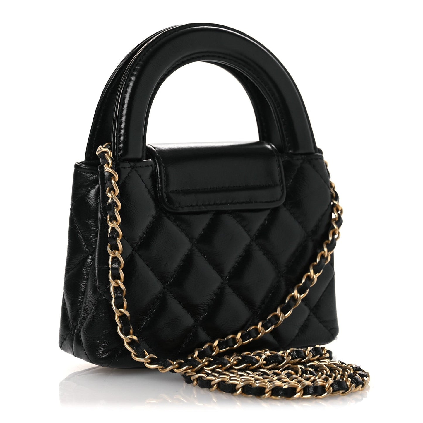 Shiny Aged Calfskin Quilted Mini Nano Kelly Shopper Black