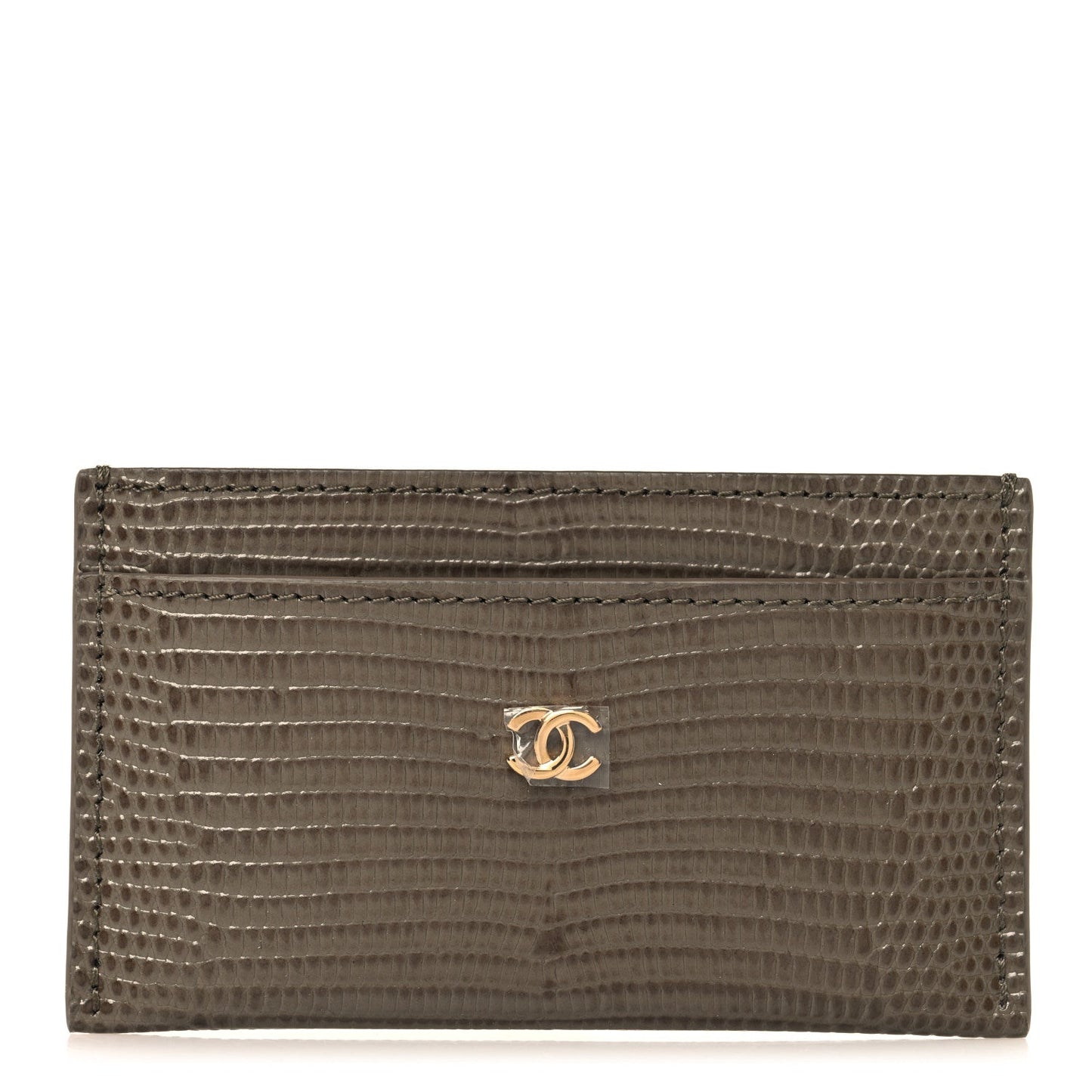 Calfskin Lizard Embossed Card Holder Dark Khaki