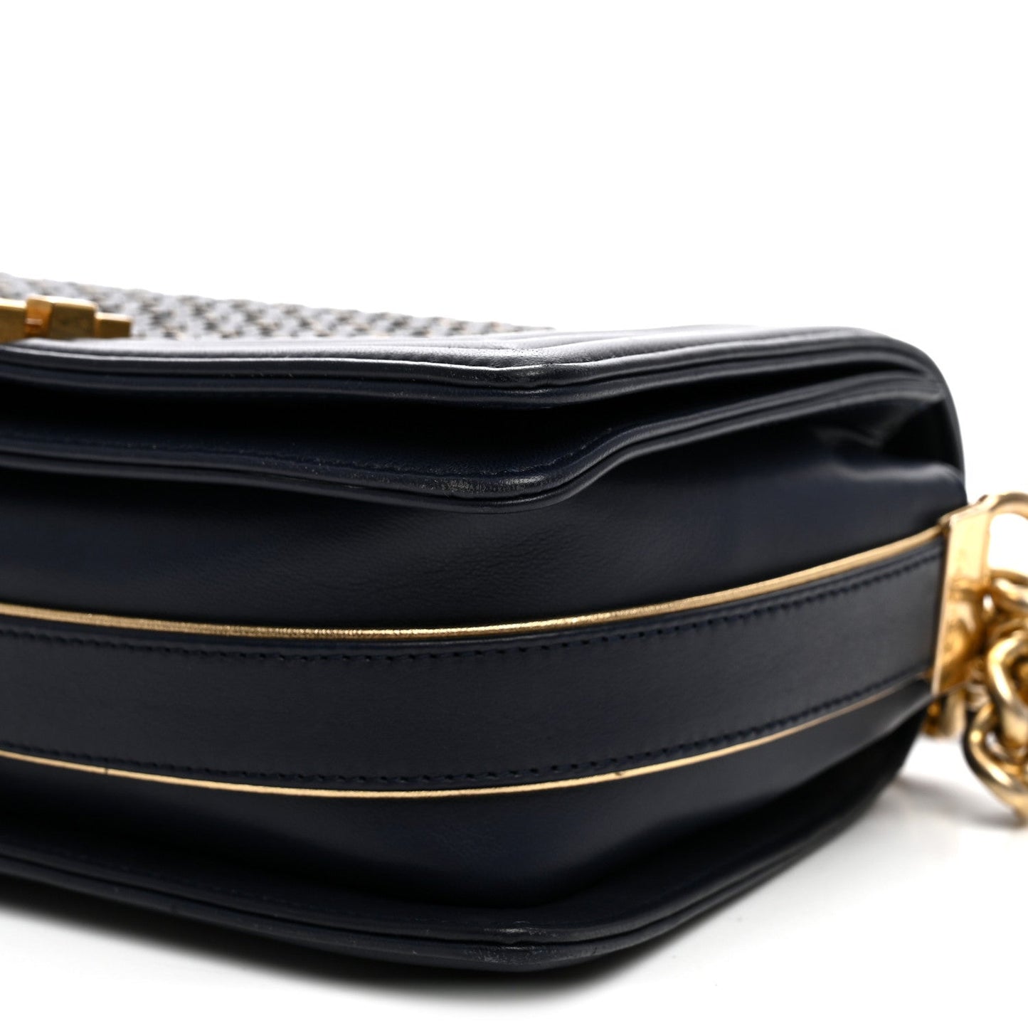 Lambskin Braided Woven Medium Boy Flap  Navy
