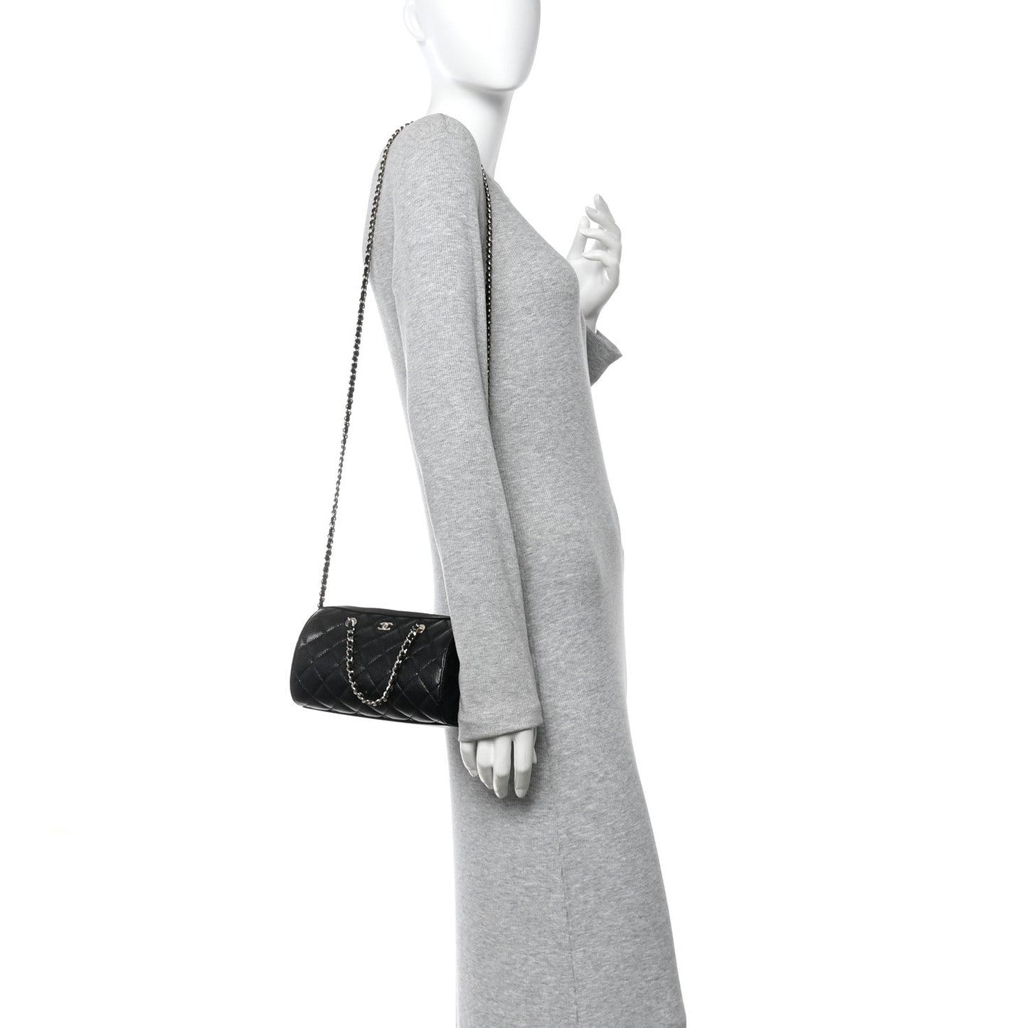 Caviar Quilted Barrel Clutch With Chain  Black