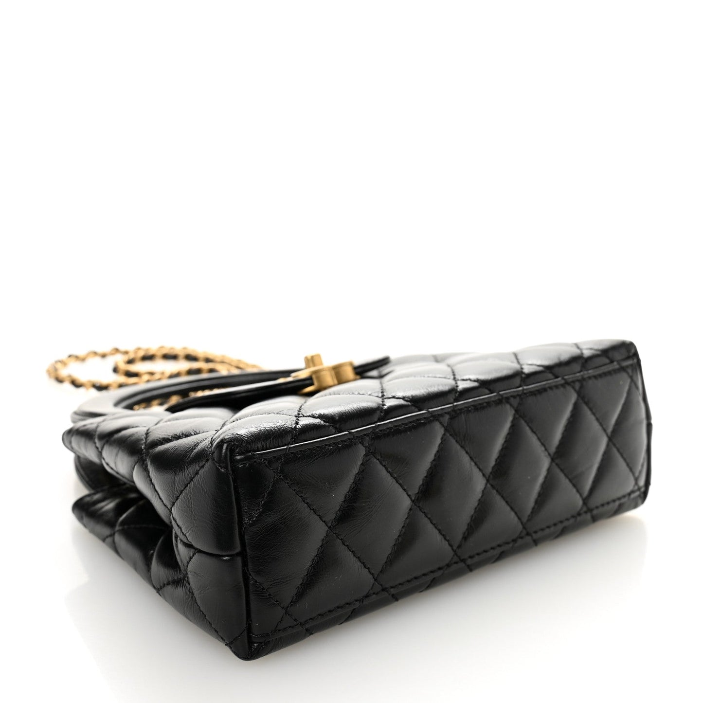 Shiny Aged Calfskin Quilted Nano Kelly Shopper Black