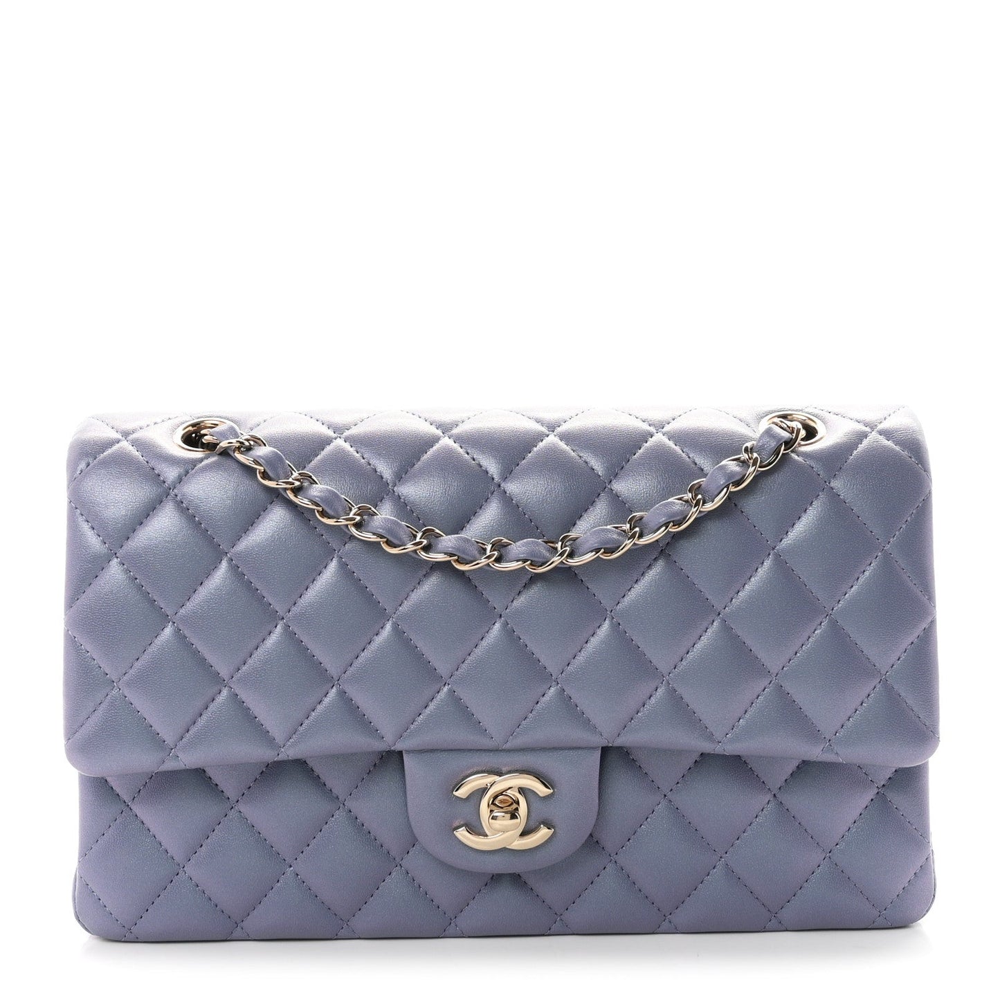 Iridescent Lambskin Quilted Medium Double Flap Light Purple