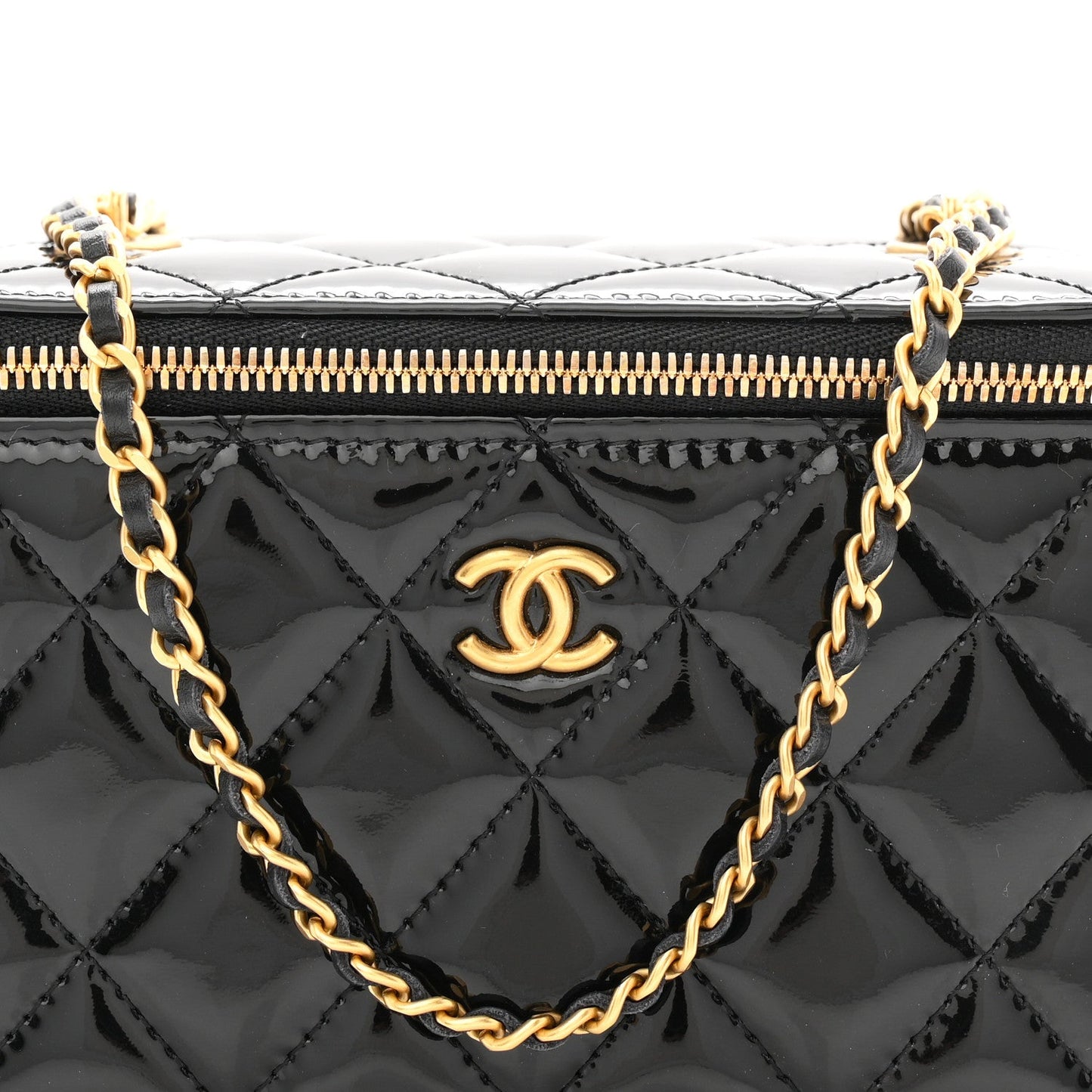 Patent Enamel Quilted Small Coco Hearts Vanity Case With Chain Black