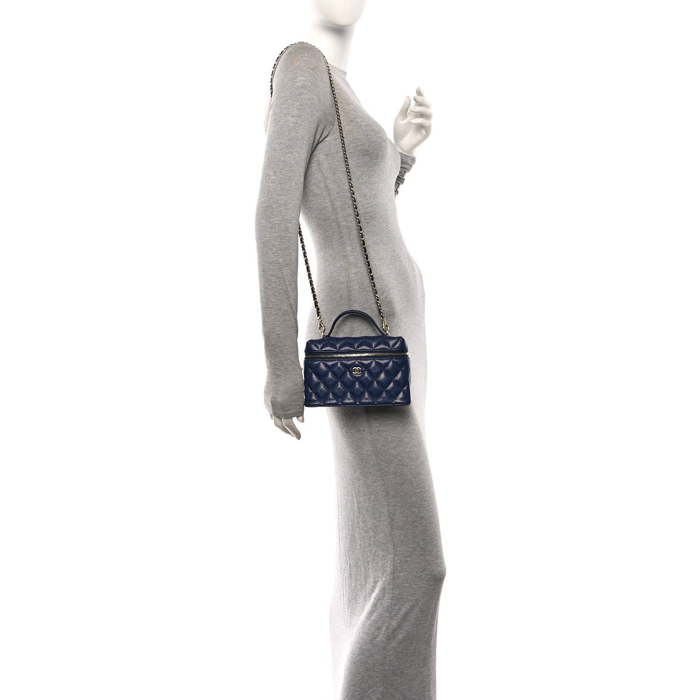 Caviar Quilted Top Handle Slim Vanity With Chain Navy