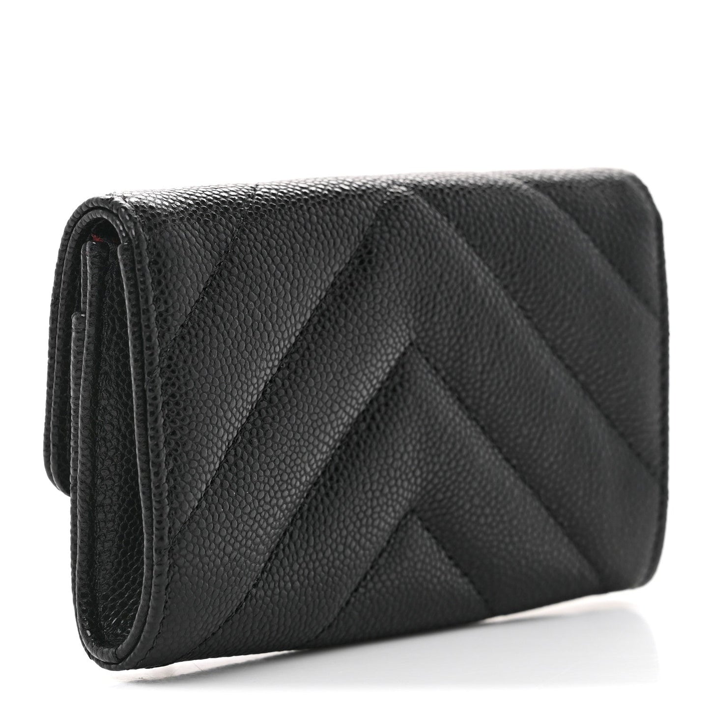 Shiny Caviar Chevron Quilted Flap Card Holder Black