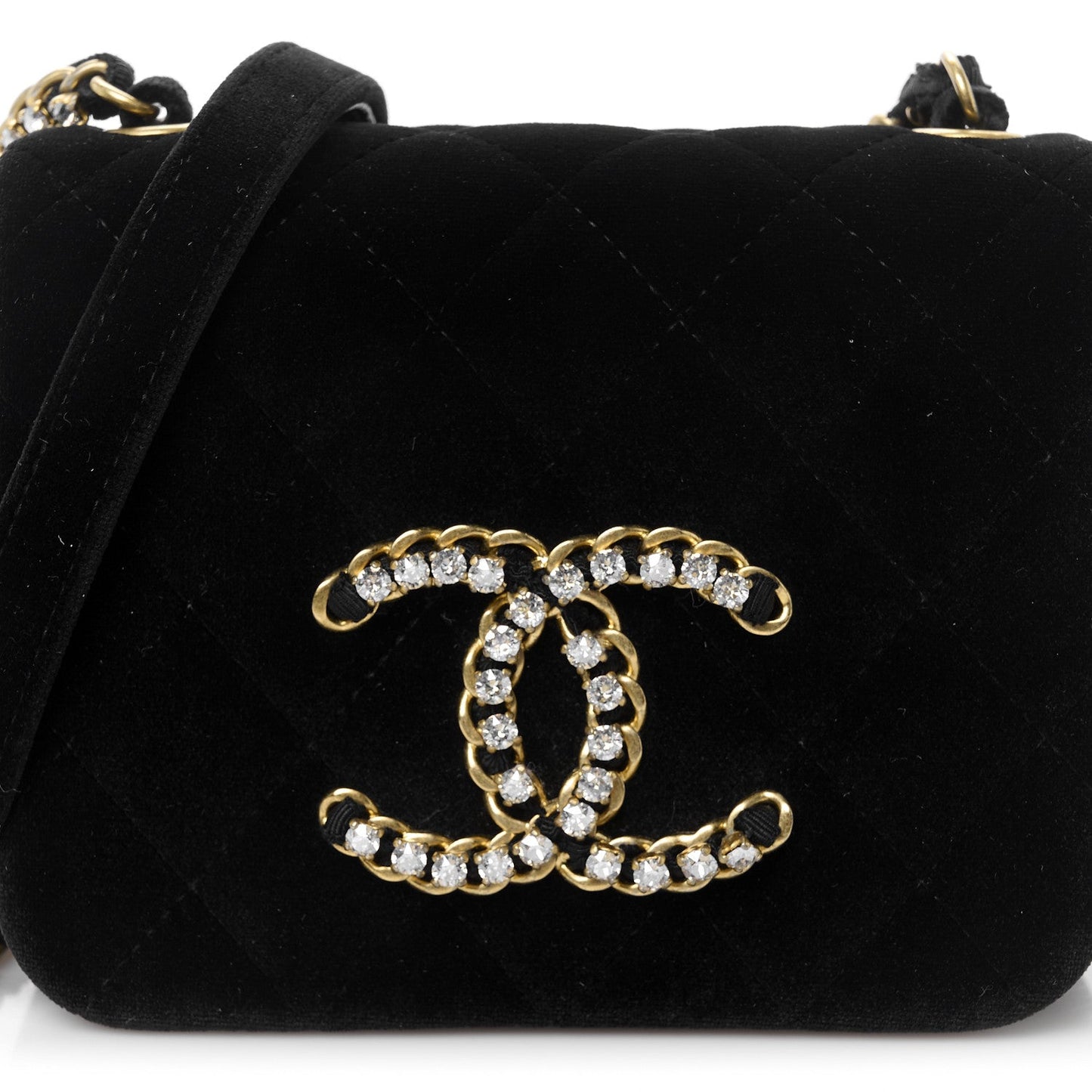 Velvet Quilted Crystal CC Mini Flap Black