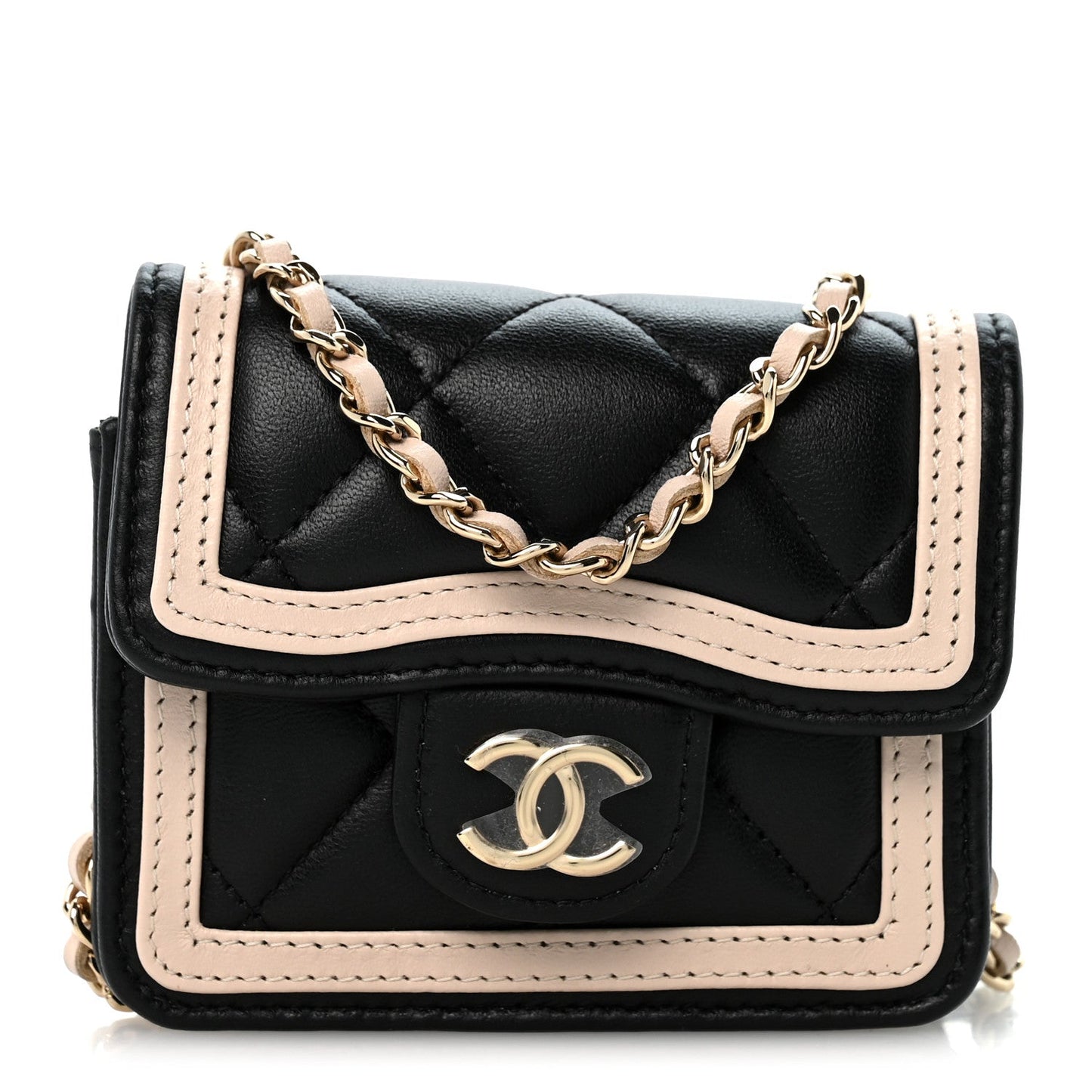 Lambskin Quilted Flap Clutch On Chain Black Beige