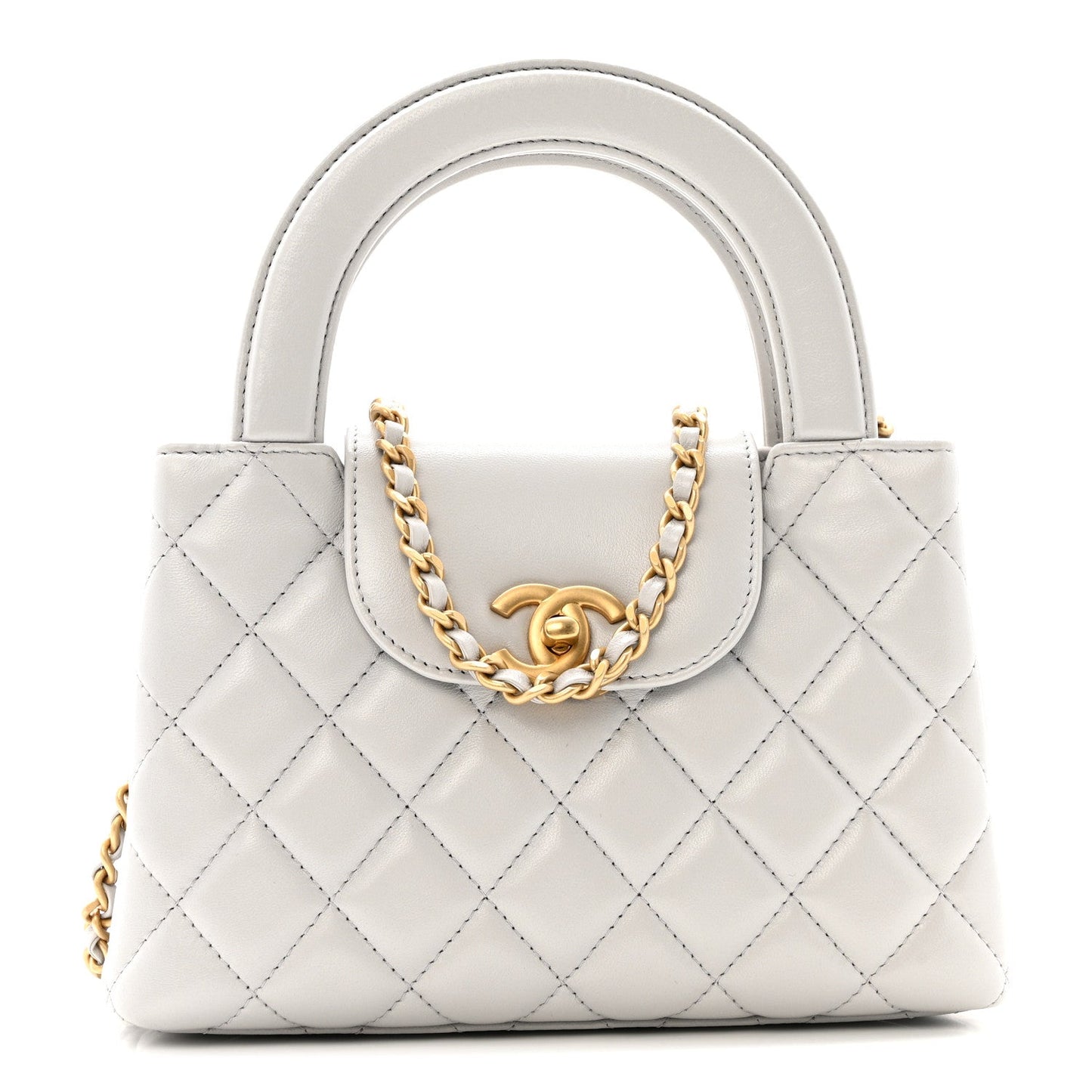 Shiny Aged Calfskin Quilted Nano Kelly Shopper Light Grey