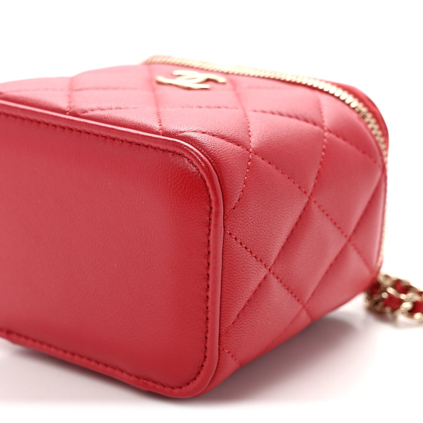 Lambskin Quilted Mini Top Handle Vanity Case With Chain Red