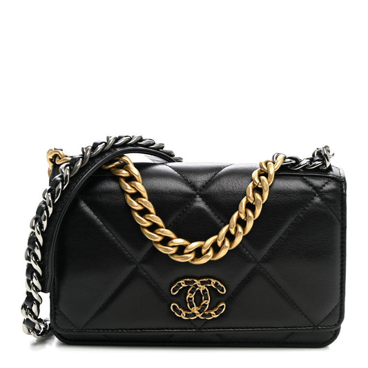 Lambskin Quilted Chanel 19 Wallet On Chain WOC Black