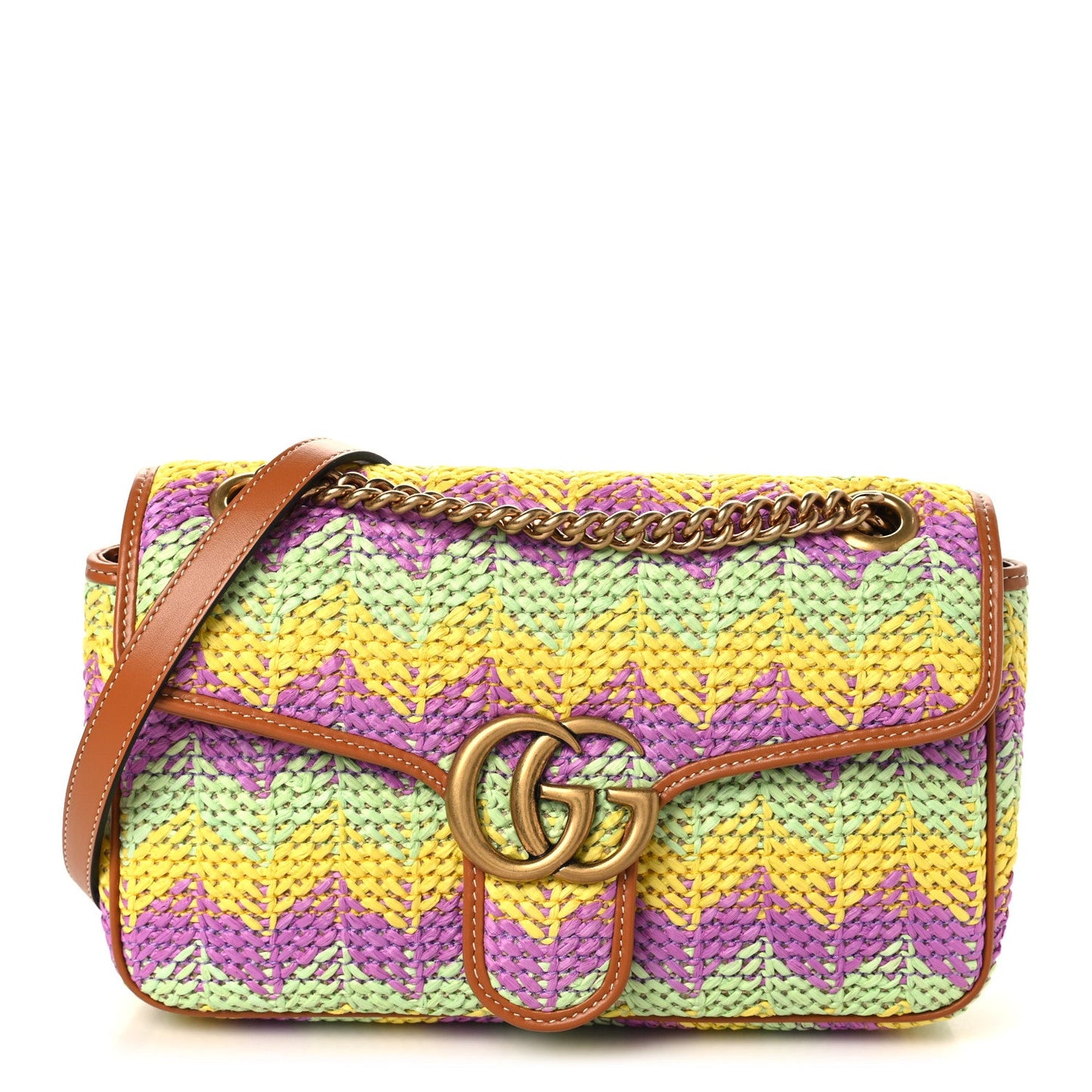 Calfskin Raffia Woven Small GG Marmont Shoulder Bag Multicolor