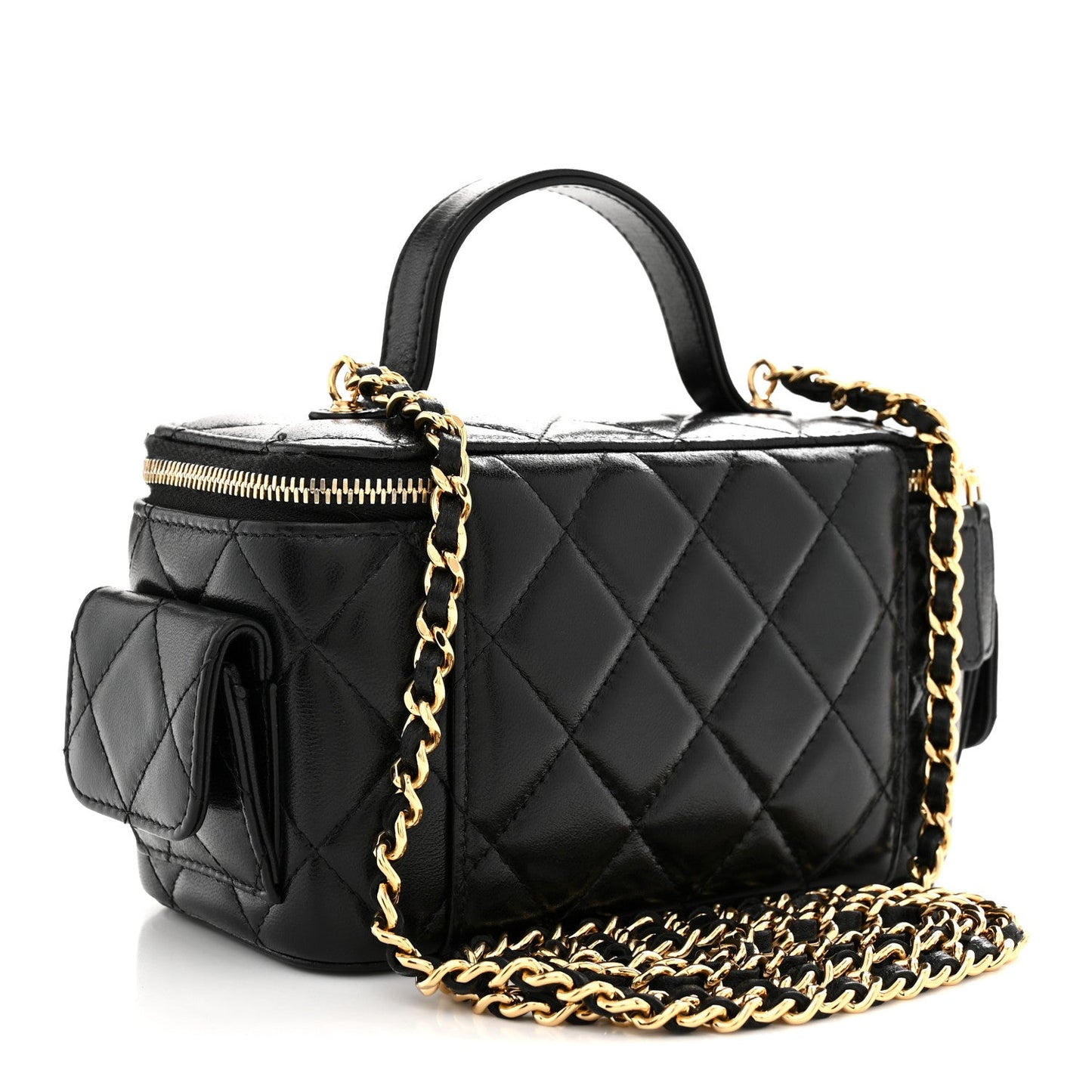 Lambskin Quilted Polly Pocket East West Top Vanity With Chain Black
