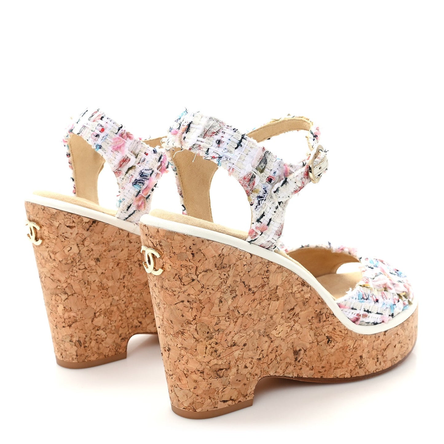 Tweed Cork CC Wedge Sandals 39 Ecru Pink Blue Green