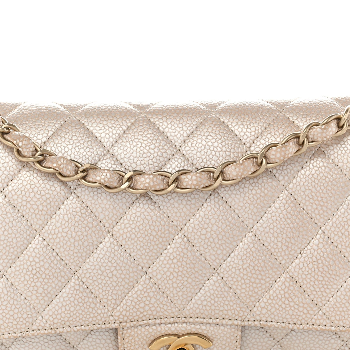 Pearly Caviar Quilted Medium Double Flap Light Beige