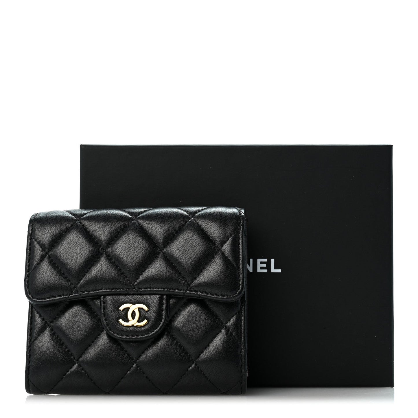 Lambskin Quilted Compact Flap Wallet Black