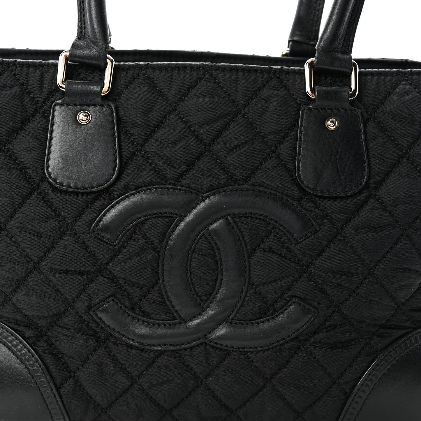 Nylon Calfskin Quilted CC Paris New York Tote Bag Black