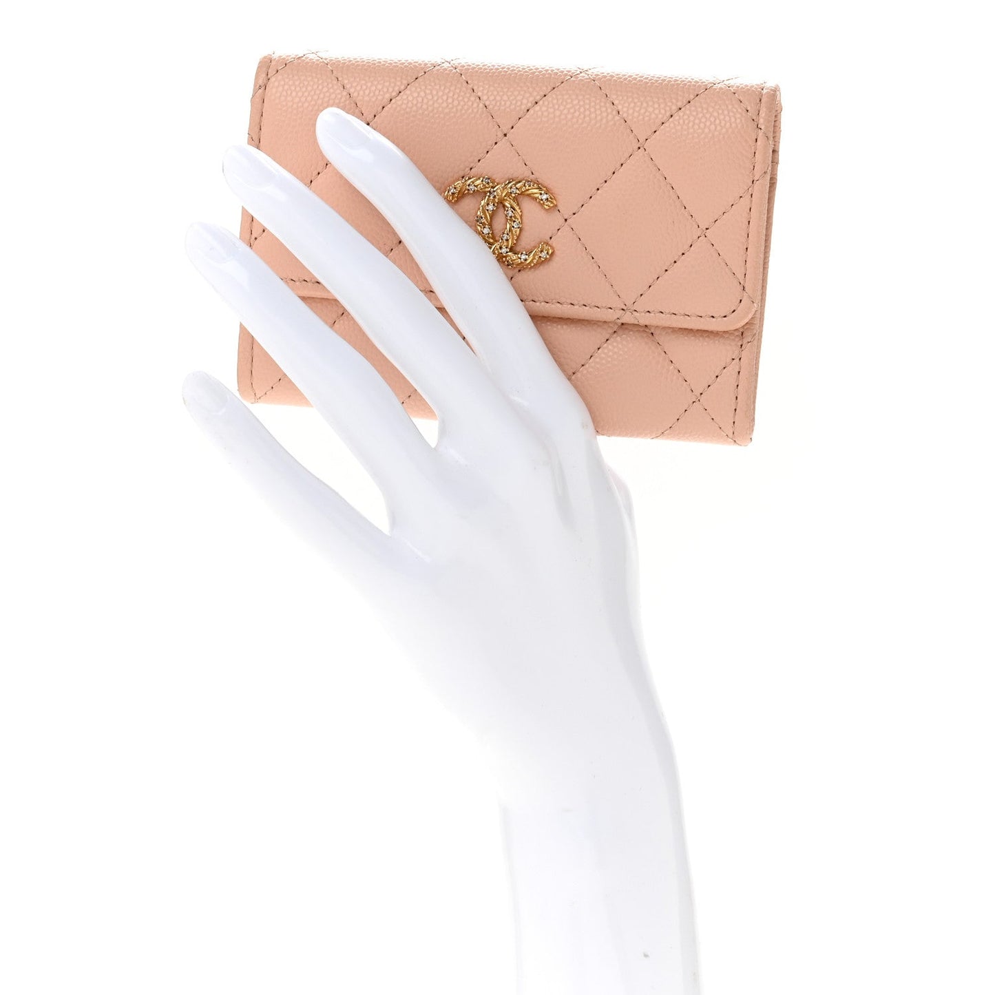 Caviar Quilted Crystal CC Flap Card Holder Pink