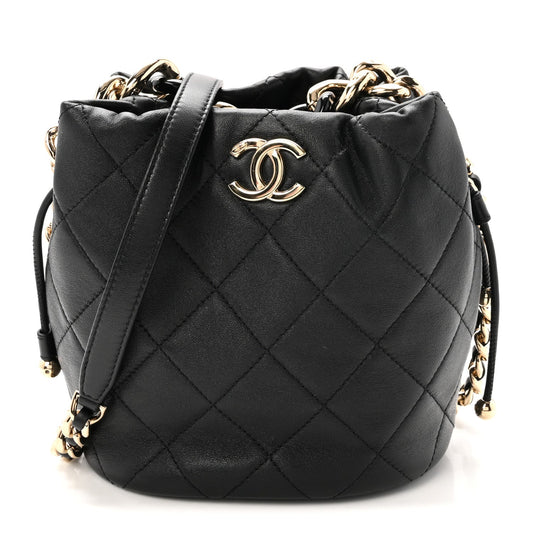 Lambskin Quilted Resin Bi-Color Chain Bucket Bag Black