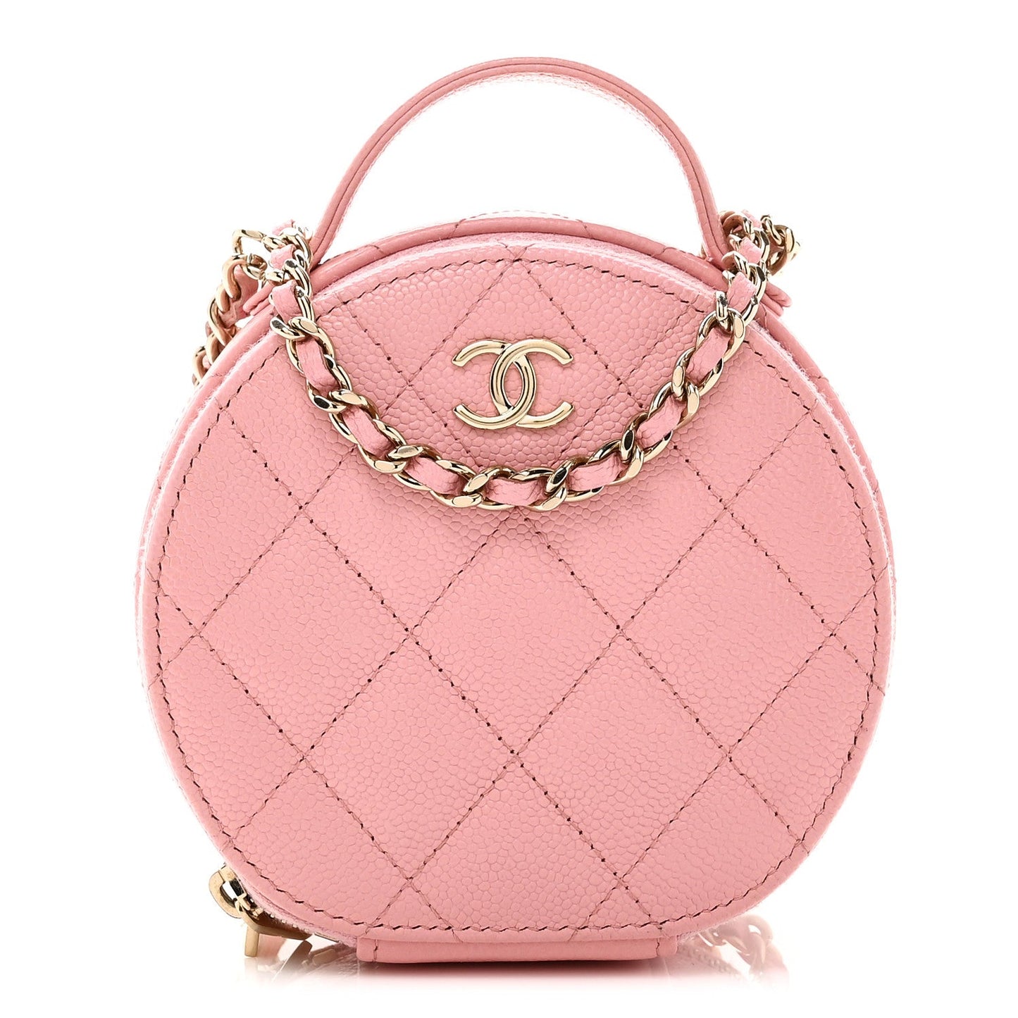Caviar Quilted Round Handle With Care Vanity With Chain Pink