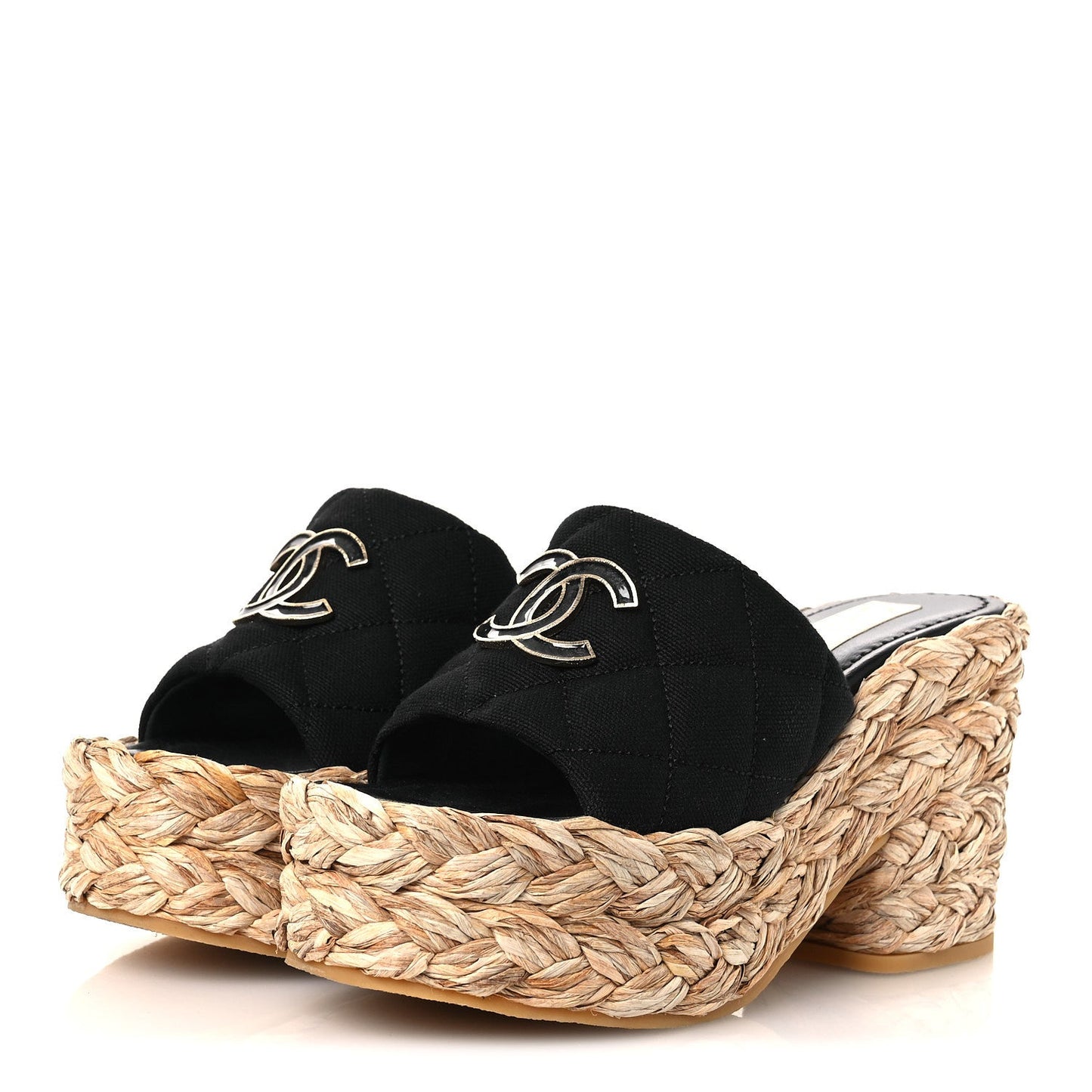 Canvas Raffia Wedge Sandals 35 Black